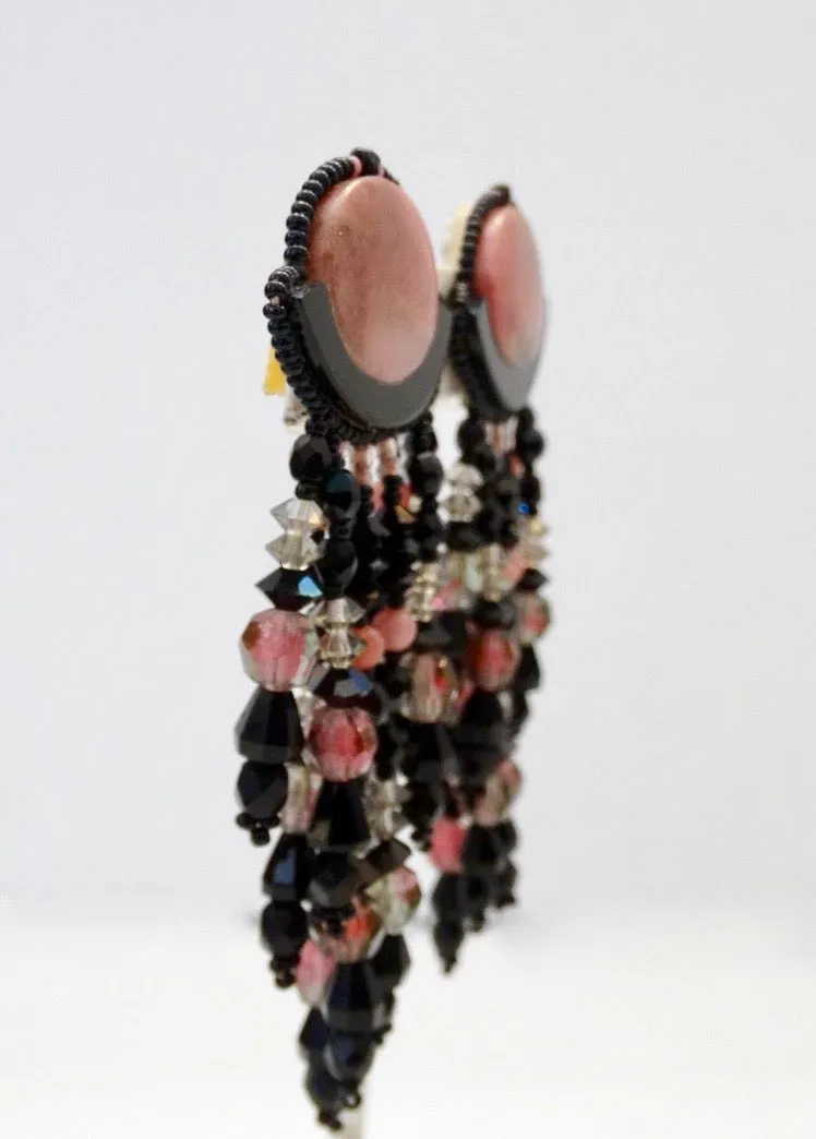 1980s Western Inspired Black & Pink Marble Dangle Earrings