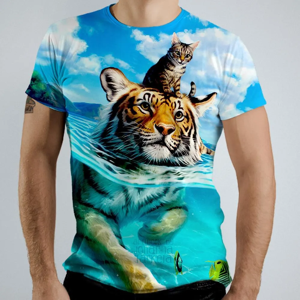 3D Graphic Printed Short Sleeve Shirts Cat & Tiger