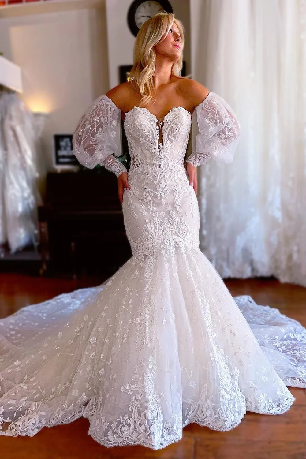 Alena | Sparkly White Mermaid Detachable Long Sleeves Lace Wedding Dress