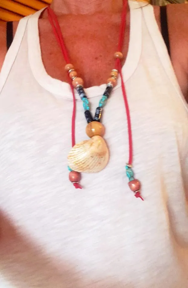Boho  Handmade Long Red Faux Leather Boho Style Necklace with Turquoise Howlite Turtles & Seashell Pendant