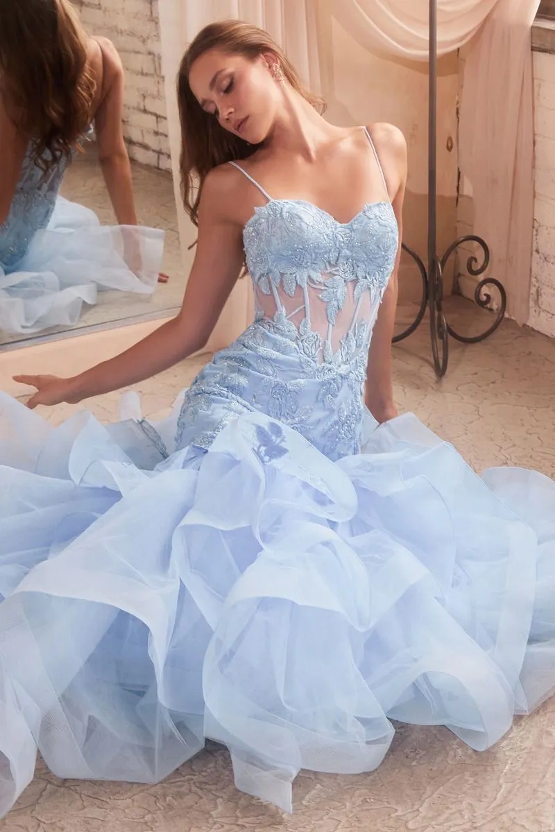 CD CC8915 - Rose Applique Mermaid Prom Gown with Sheer Corset Bodice & Layered Tiered Skirt