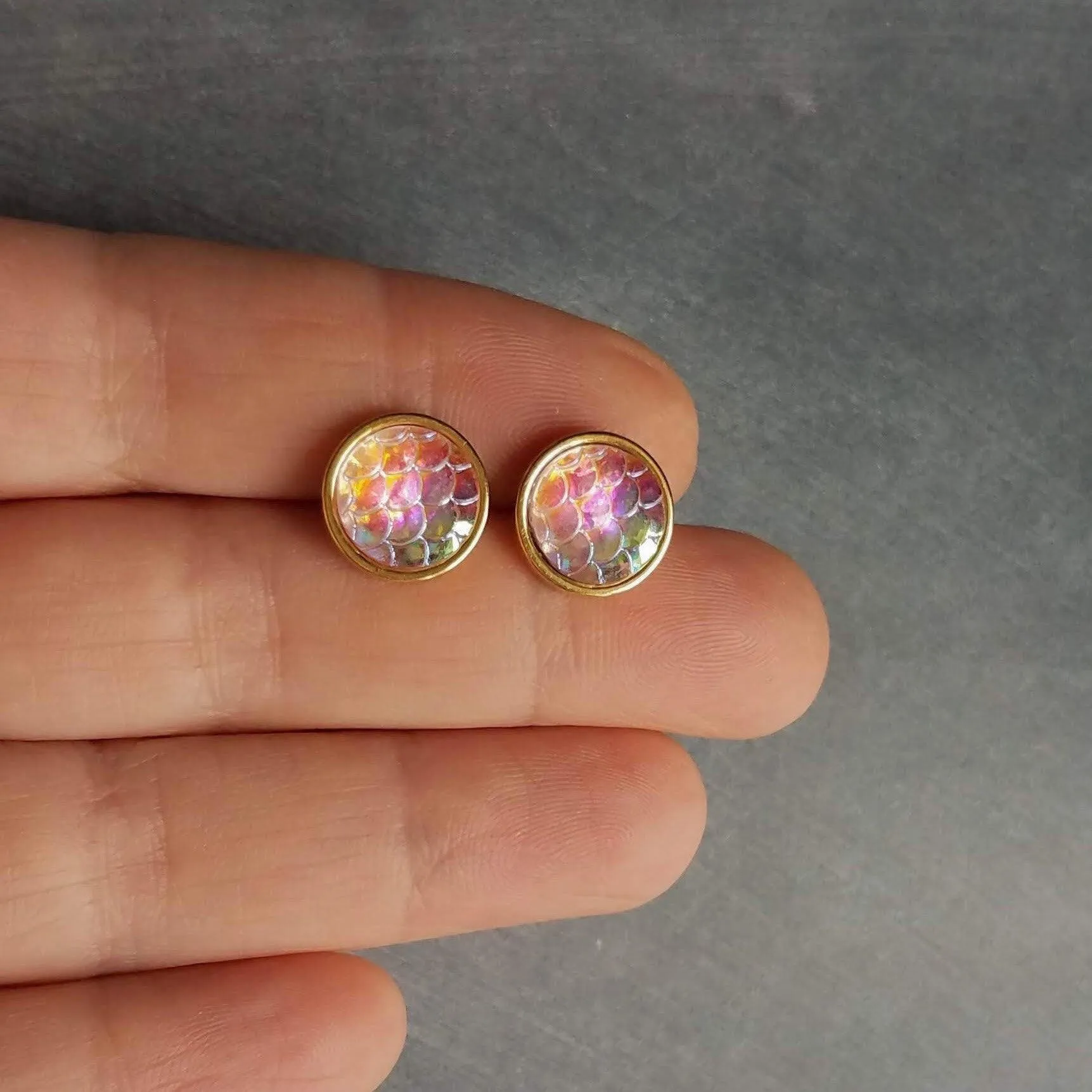 Gold Mermaid Earring, small round studs, gold hypoallergenic studs, rainbow fish earring, fish scale earring, gold opal earring, gold studs