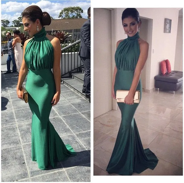 MACloth Mermaid High Neck Jersey Prom Dress with Open Back Sexy Formal Gown