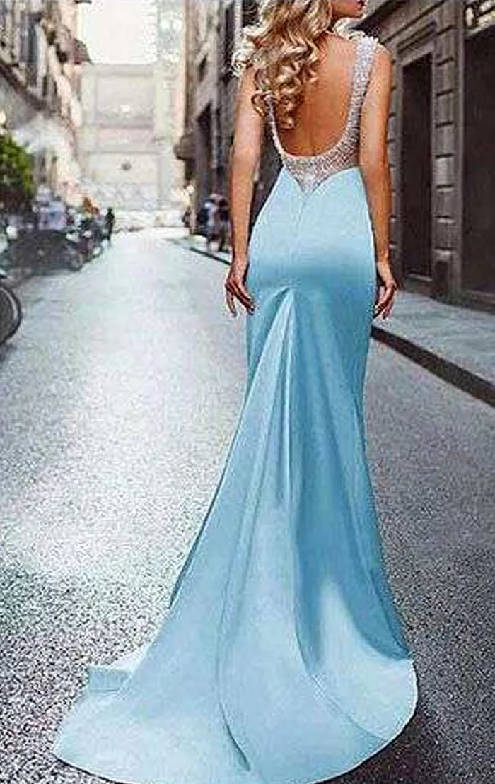MACloth Mermaid Scoop Neck Sky Blue Long Prom Dress Formal Evening Gown