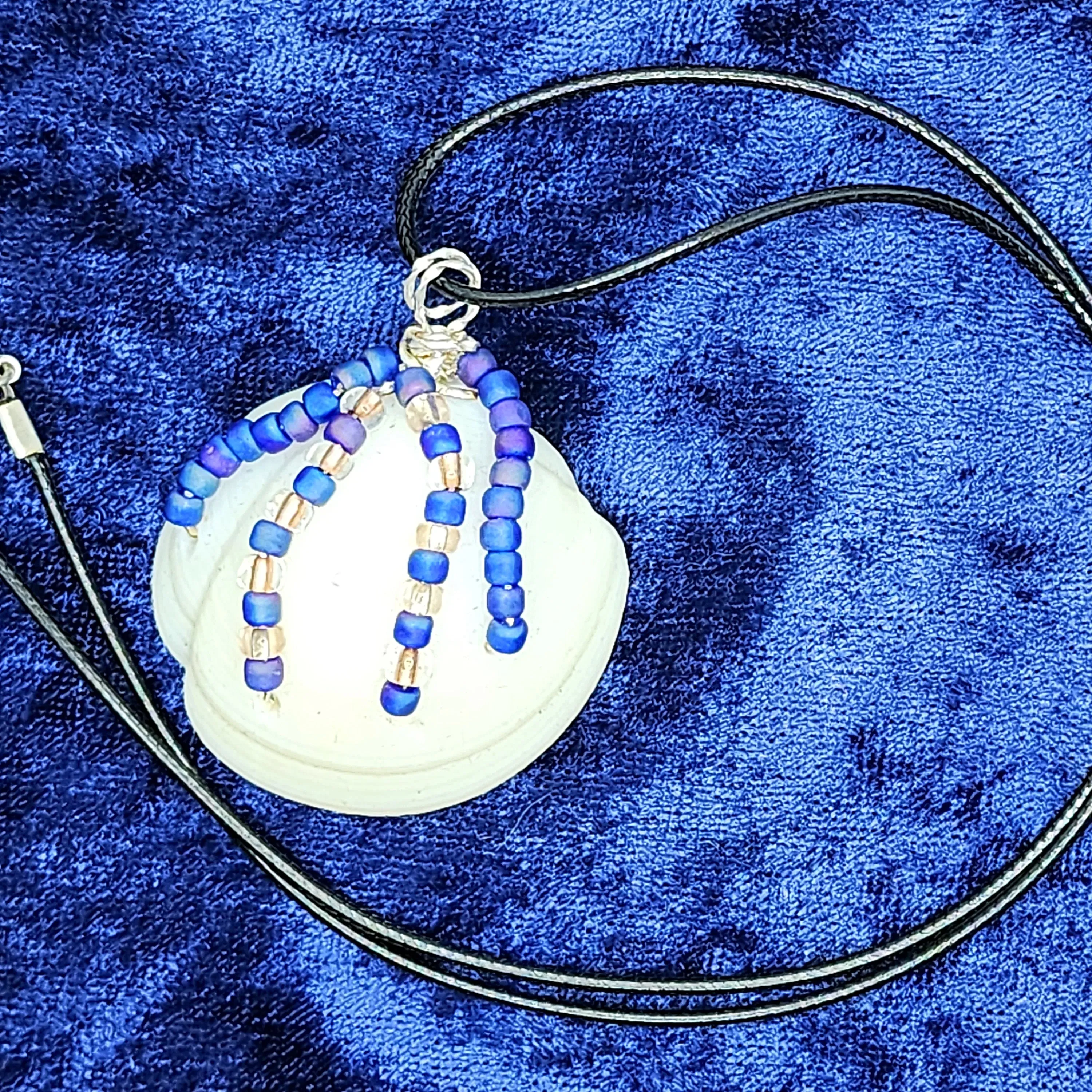 Natural White Lucina Seashell Pendant with Silver Wire Wrap & Purple Glass Beads - Handmade