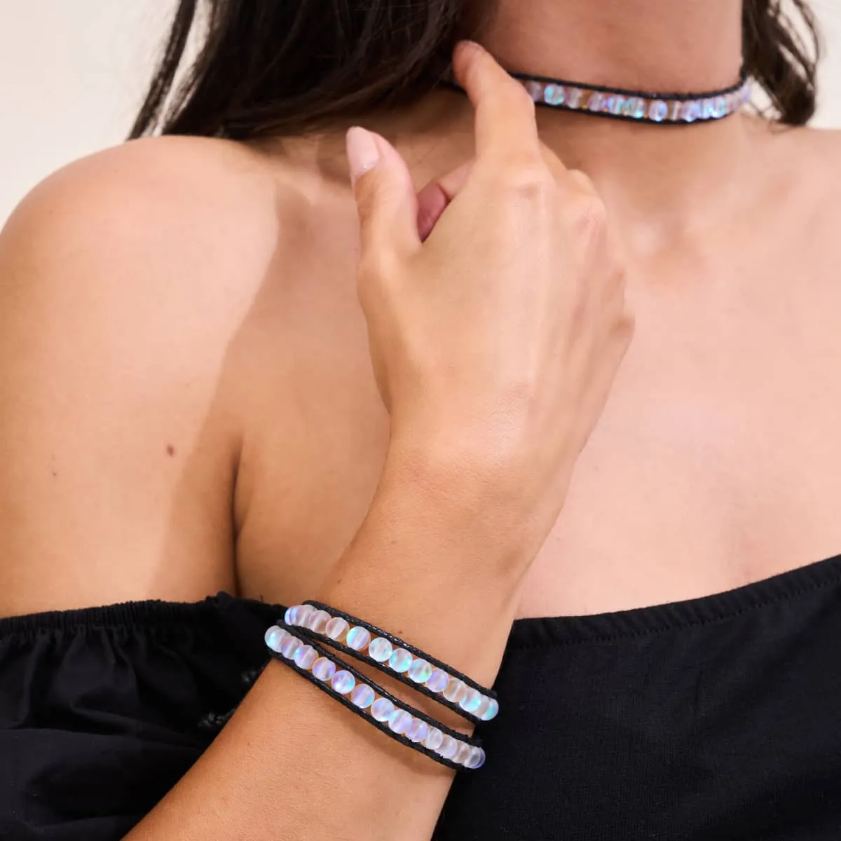 Rainbow White | Mermaid Glass | Black Linen Wrap Bracelet