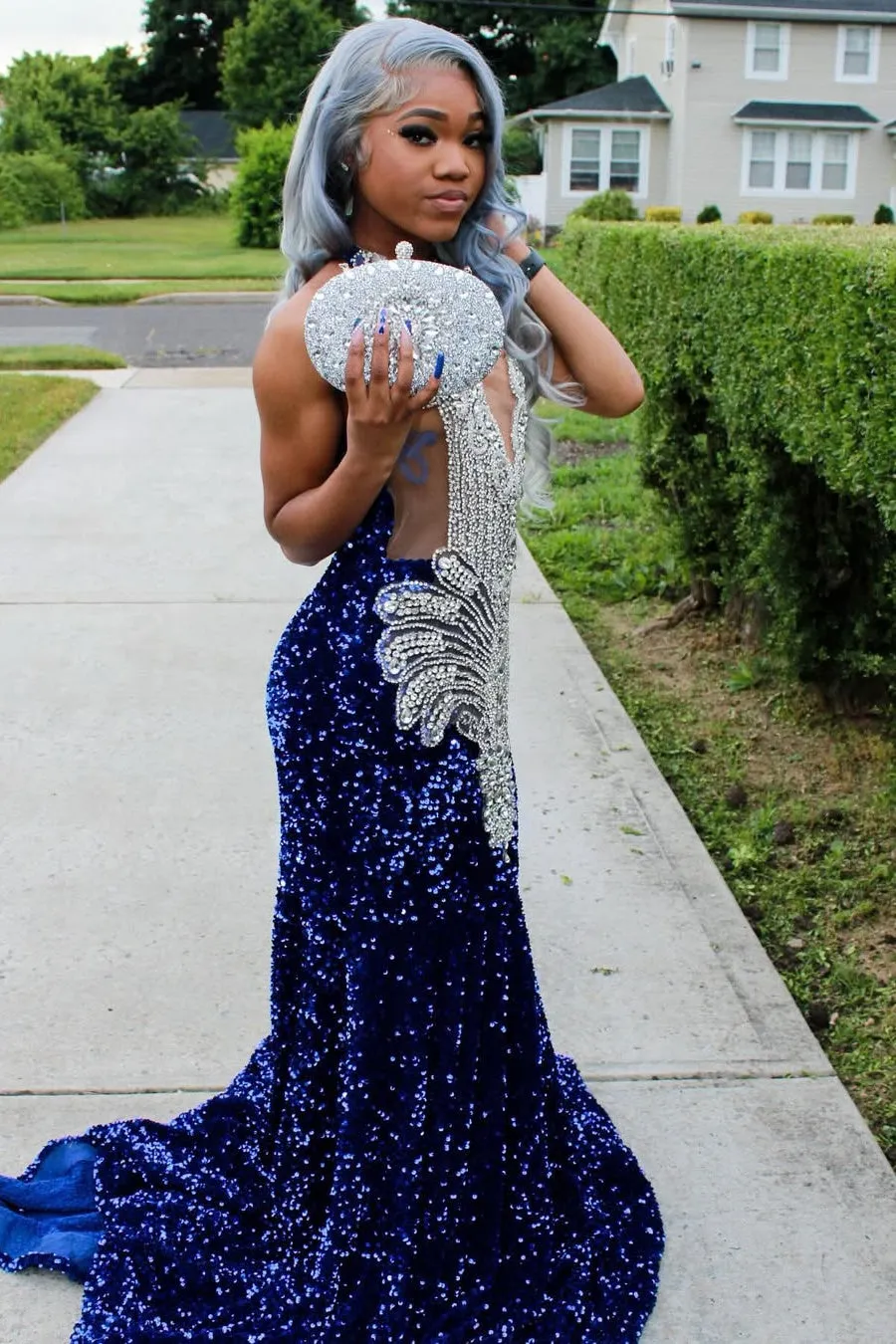Silver Beaded Royal Blue Court Train Mermaid Sequin Long Prom Dresses