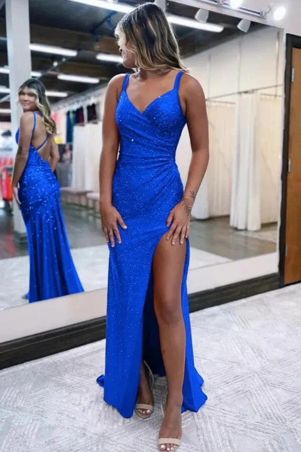 Sparkly Dark Red V Neck Sequins Long Prom Dress with Slit TP1406