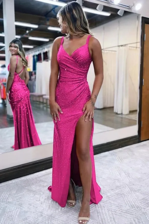 Sparkly Dark Red V Neck Sequins Long Prom Dress with Slit TP1406