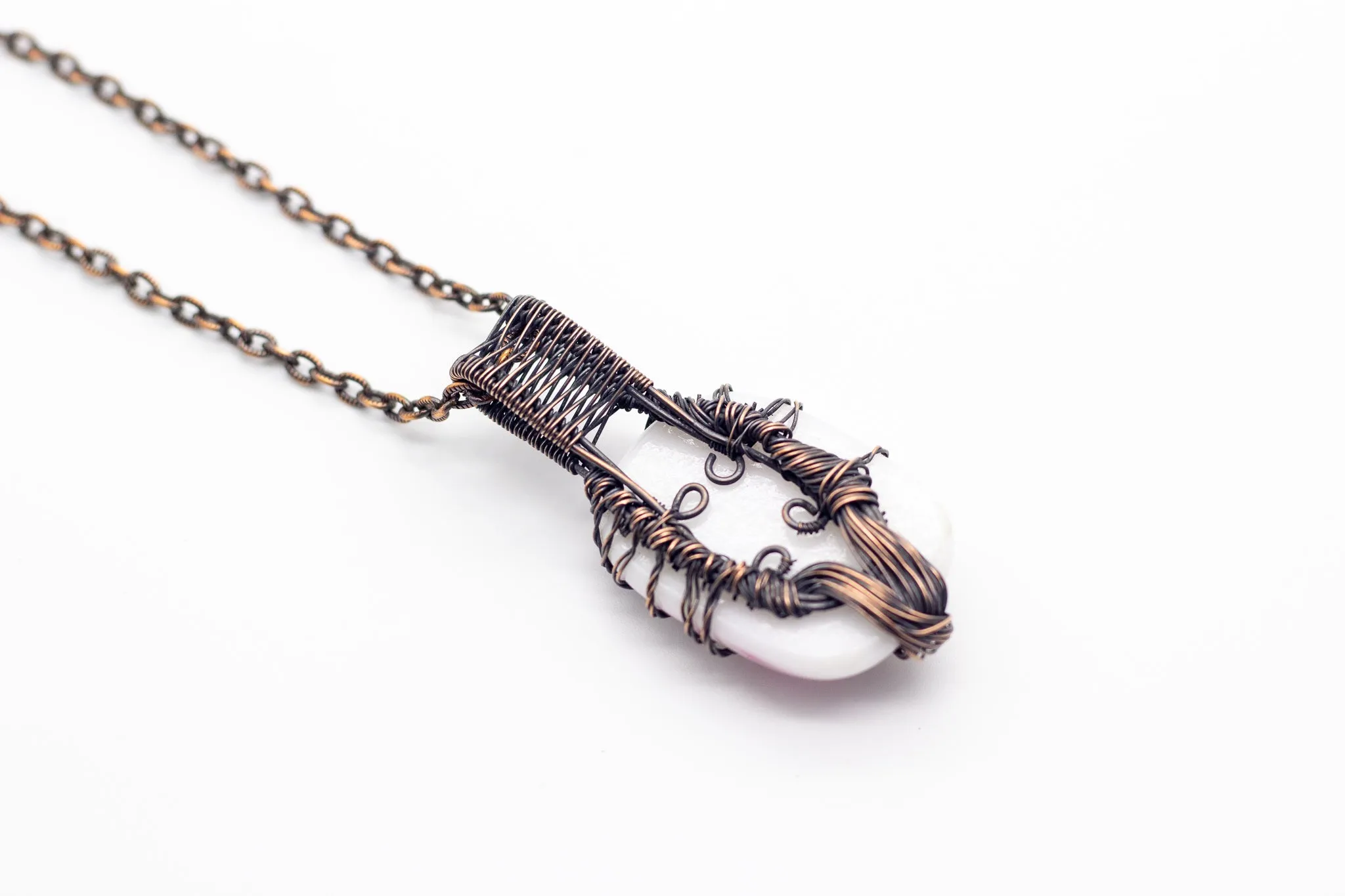 Streaked Pink Fused Glass Pendant with Copper Tree of Life
