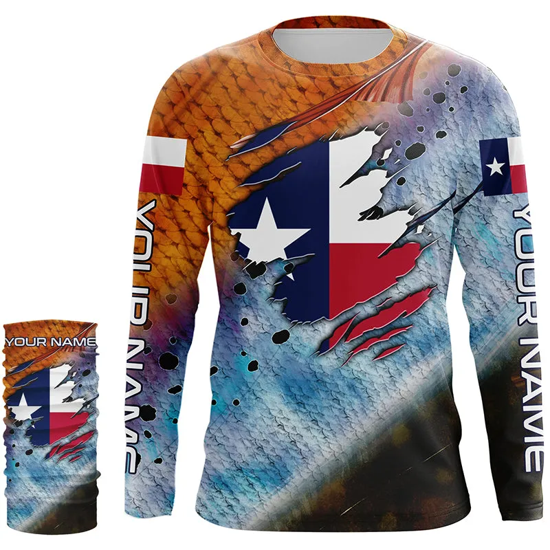 Texas slam redfish trout flounder scales Texas flag Custom patriotic fishing long sleeve shirts NQS6813