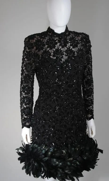 TRAVILLA Black Sequin Beaded Cocktail Dress with Feather Hem