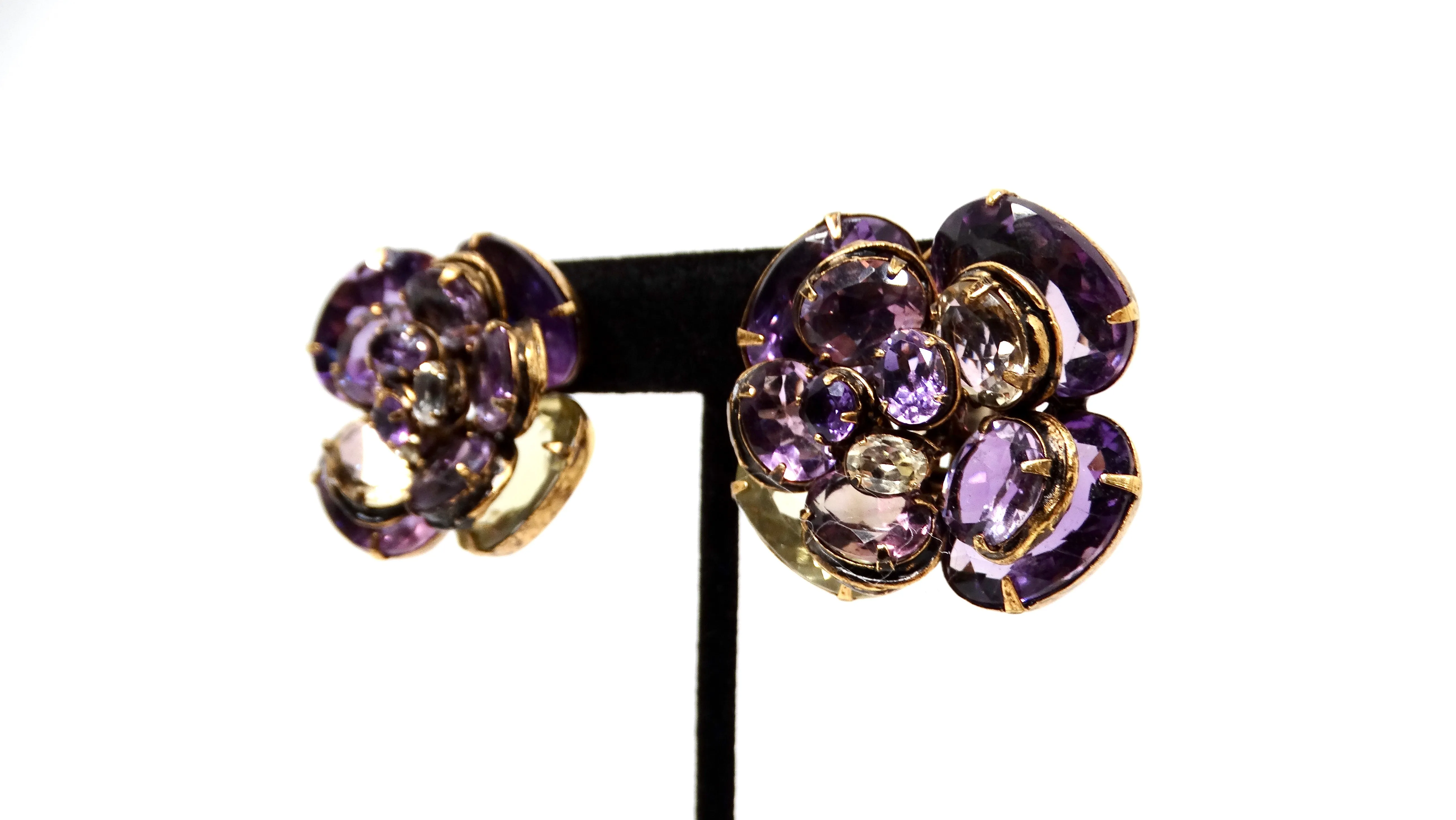 Vintage Amethyst-Inspired Floral Costume Clip-On Earrings