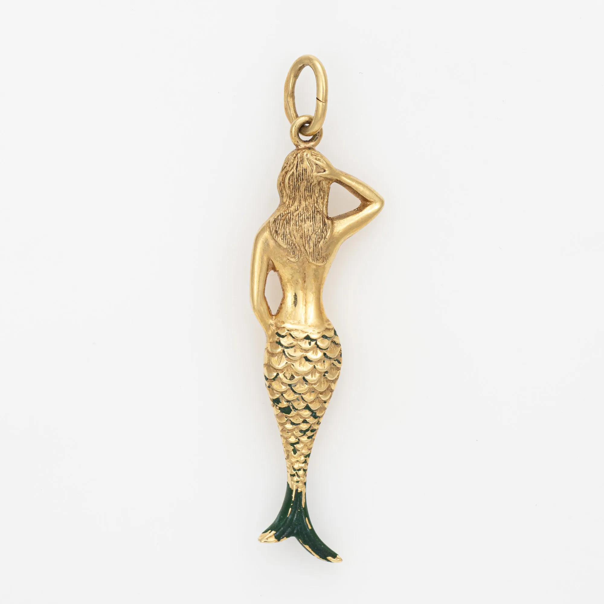 Vintage Mermaid Charm 14k Yellow Gold Estate Fine Ocean Jewelry Green Enamel
