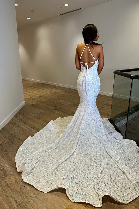 White Iridescent Sequin Prom Dress V Neck Mermaid Formal Evening Gown Straps